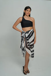 AXTZH 3-Piece One-Shoulder Swimwear Set with Sarong SWIM WAER X1009-BLACK-3PB