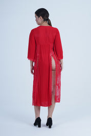 AXTZH Romantic Nightwear Set for Women with Sheer Longline Robe and Lace Accents X3493-RED-F2M