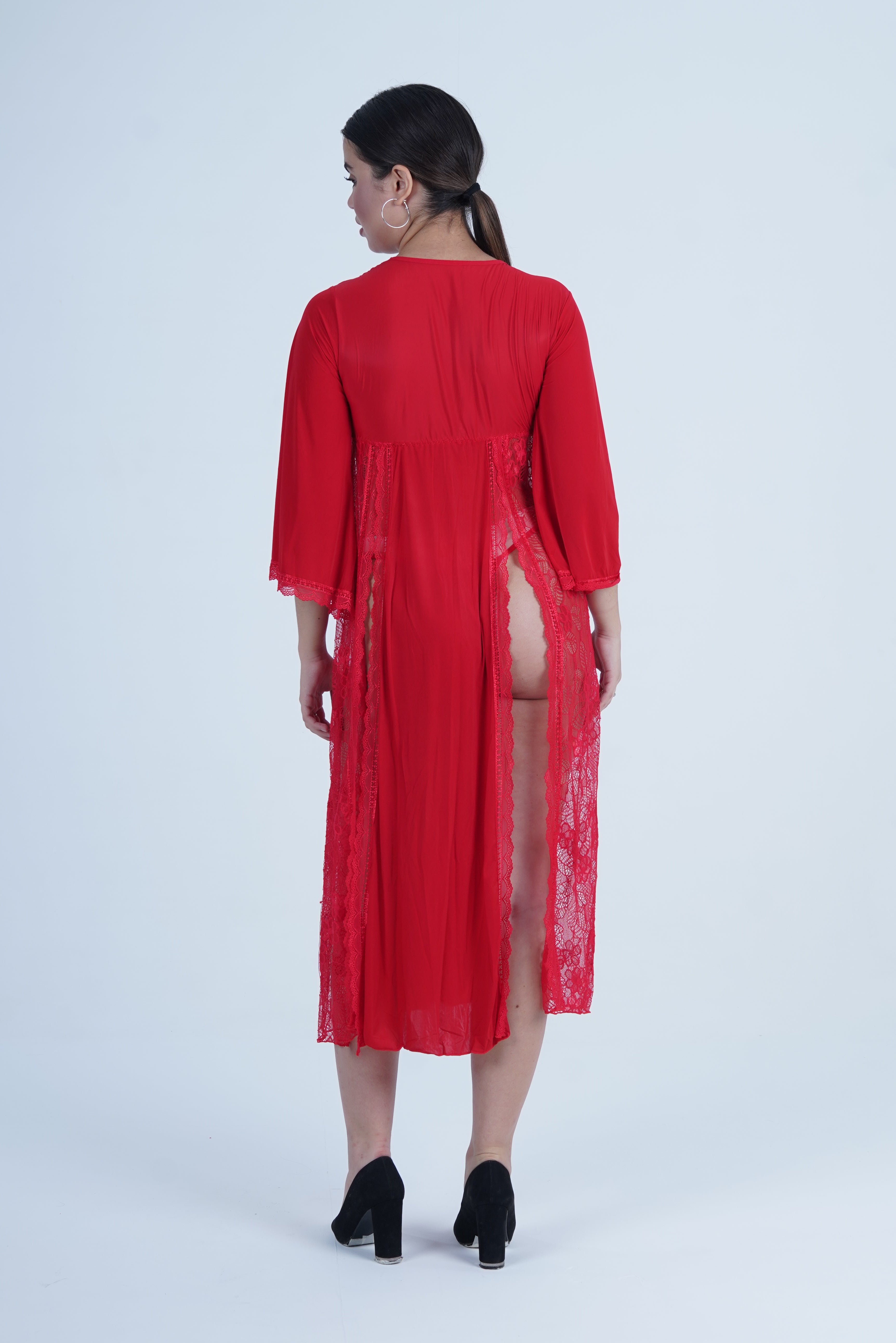 AXTZH Romantic Nightwear Set for Women with Sheer Longline Robe and Lace Accents X3493-RED-F2M