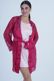 AXTZH Stylish Nightwear Set for Women with Delicate Inner Dress and Matching Lace Cover-Up X0115-SCARLET-F11S