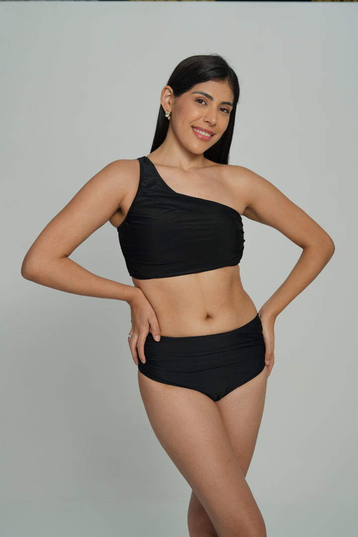 AXTZH 3-Piece One-Shoulder Swimwear Set with Sarong SWIM WAER X1009-BLACK-3PB