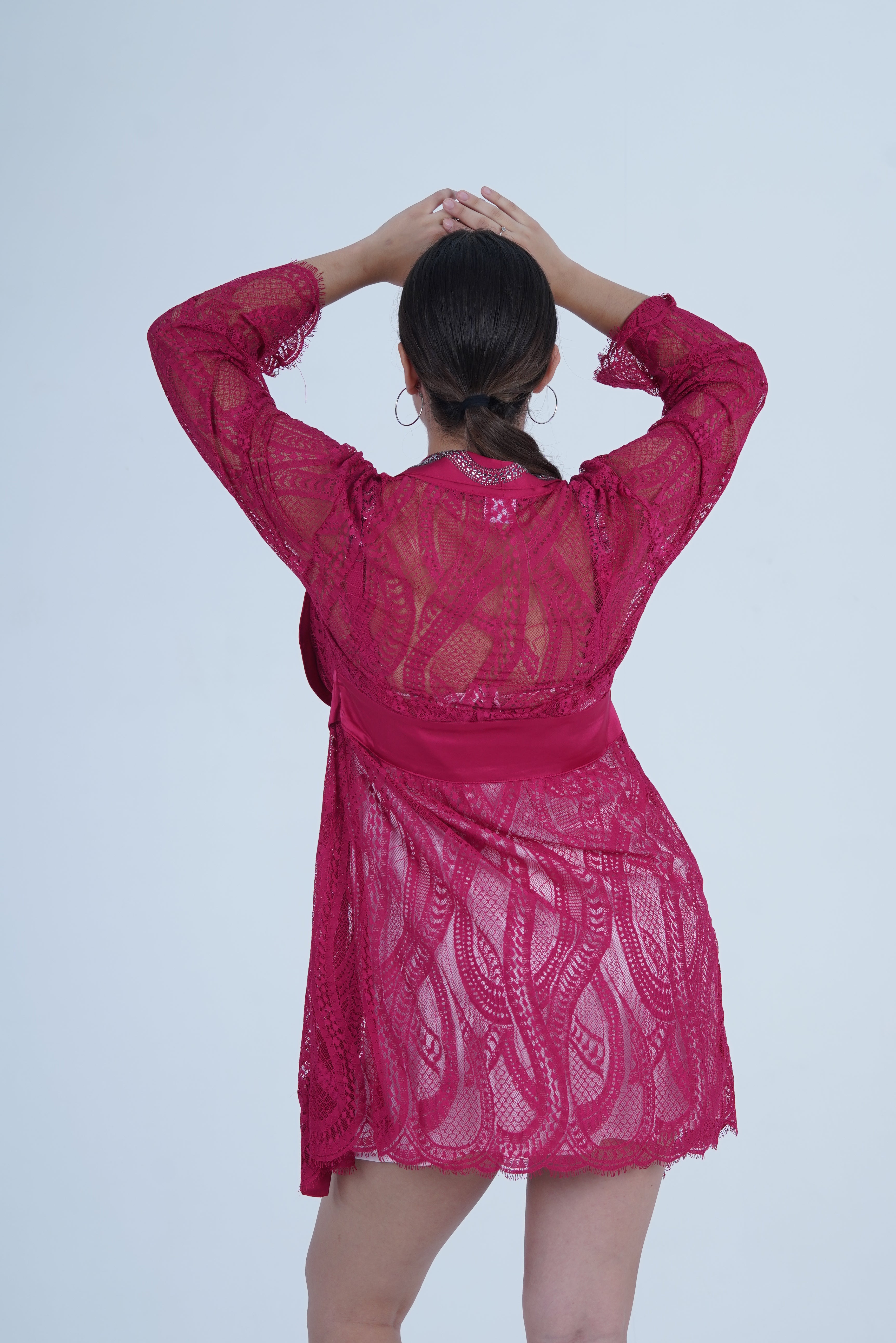 AXTZH Stylish Nightwear Set for Women with Delicate Inner Dress and Matching Lace Cover-Up X0115-SCARLET-F11S
