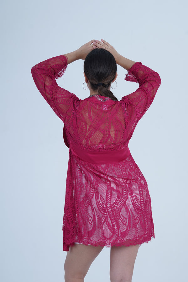 AXTZH Stylish Nightwear Set for Women with Delicate Inner Dress and Matching Lace Cover-Up X0115-SCARLET-F11S