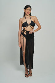 AXTZH 3-Piece Tie-Up Bikini Set with Sheer Sarong SWIM WEAR X1004-BLACK-3PB