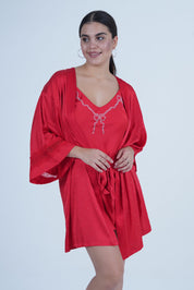 AXTZH Women’s Luxurious Nightwear Set with Soft Satin Dress and Relaxed Fit Robe X0015-CRIMSON-F11S