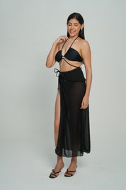 AXTZH 3-Piece Tie-Up Bikini Set with Sheer Sarong SWIM WEAR X1004-BLACK-3PB