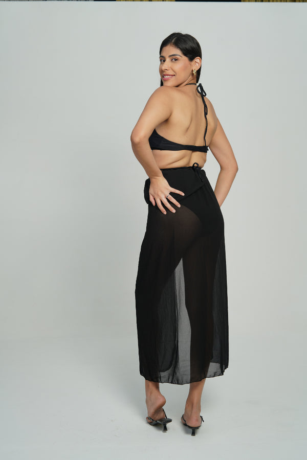 AXTZH 3-Piece Tie-Up Bikini Set with Sheer Sarong SWIM WEAR X1004-BLACK-3PB