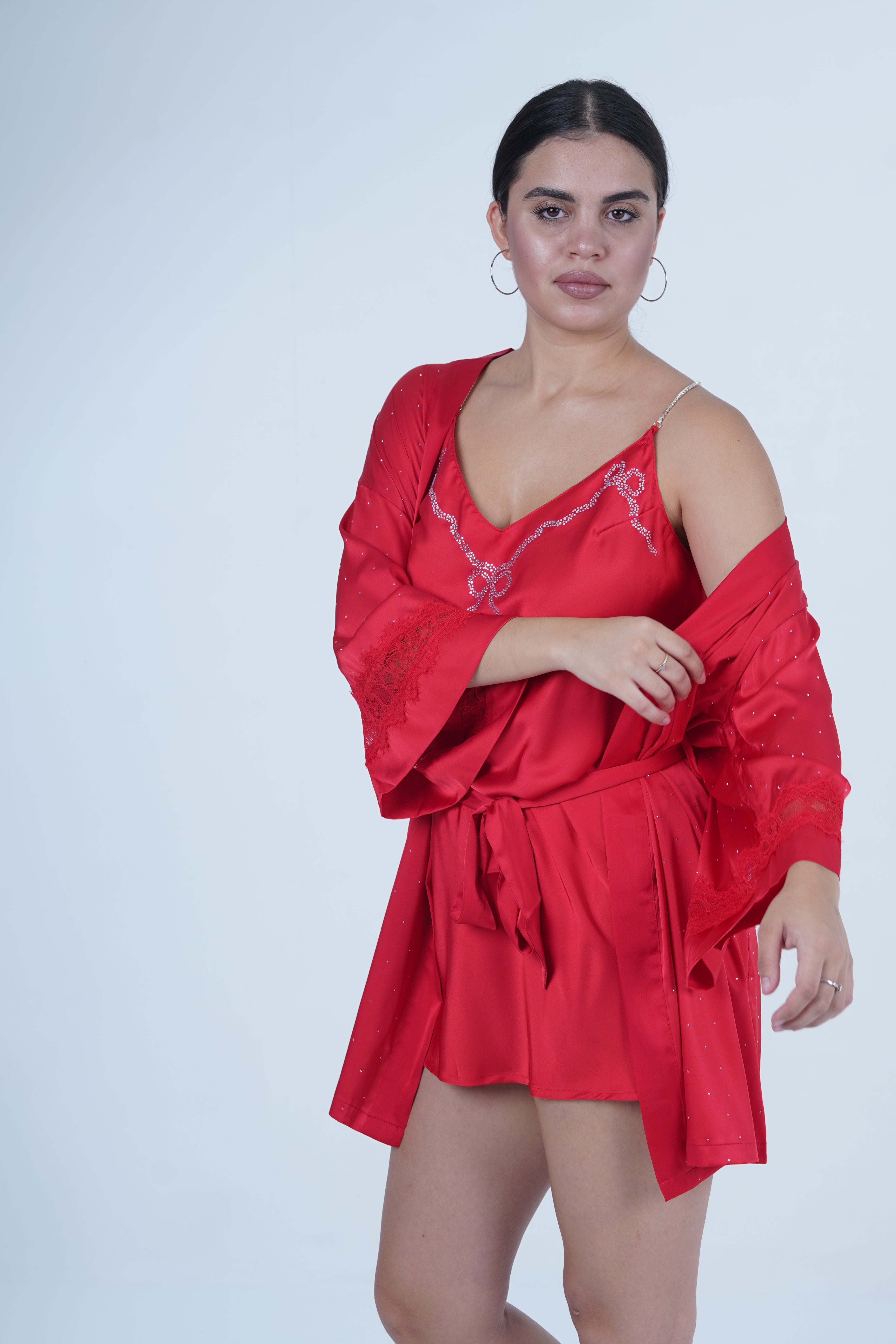 AXTZH Women’s Luxurious Nightwear Set with Soft Satin Dress and Relaxed Fit Robe X0015-CRIMSON-F11S