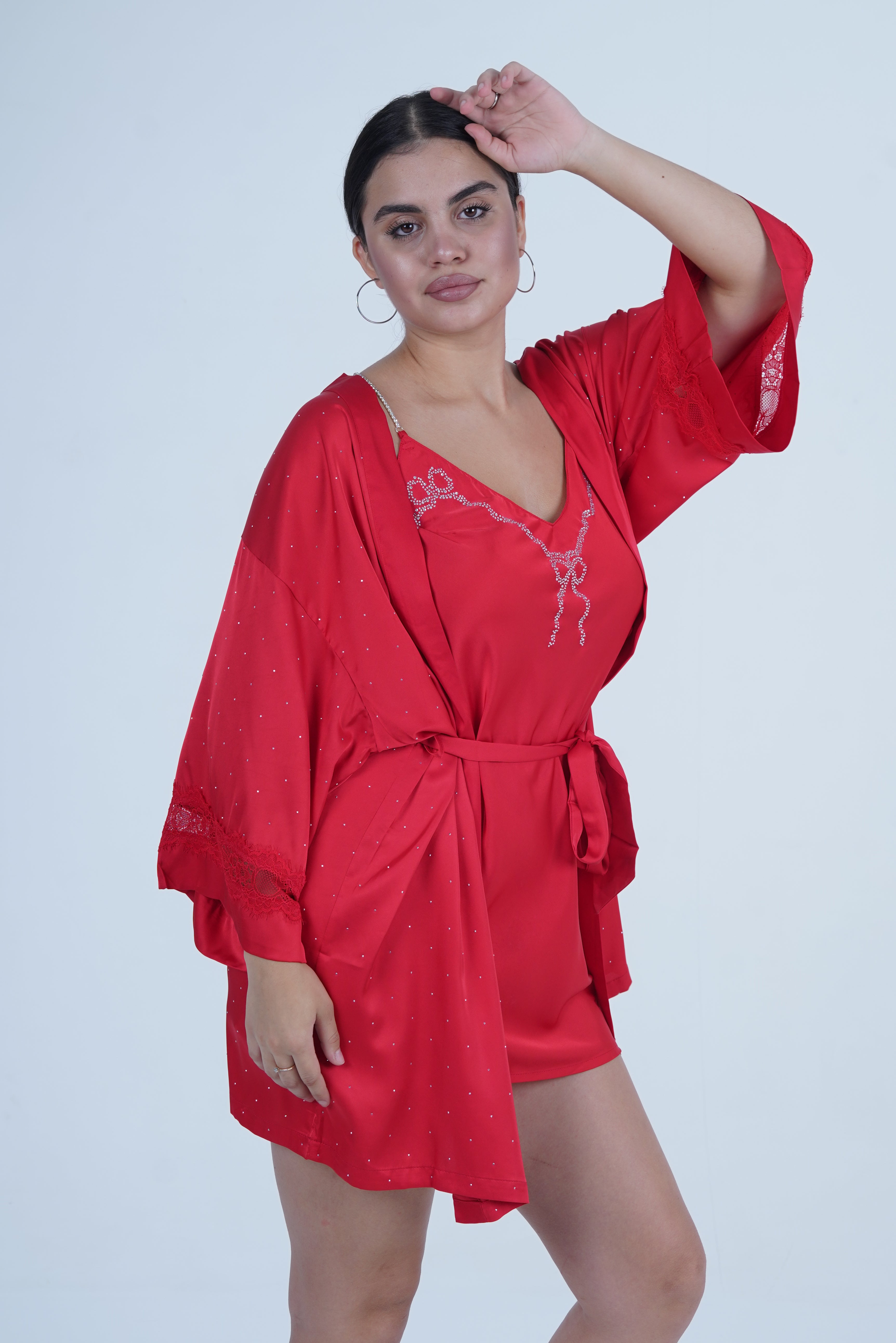 AXTZH Women’s Luxurious Nightwear Set with Soft Satin Dress and Relaxed Fit Robe X0015-CRIMSON-F11S