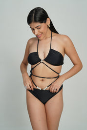 AXTZH 3-Piece Tie-Up Bikini Set with Sheer Sarong SWIM WEAR X1004-BLACK-3PB