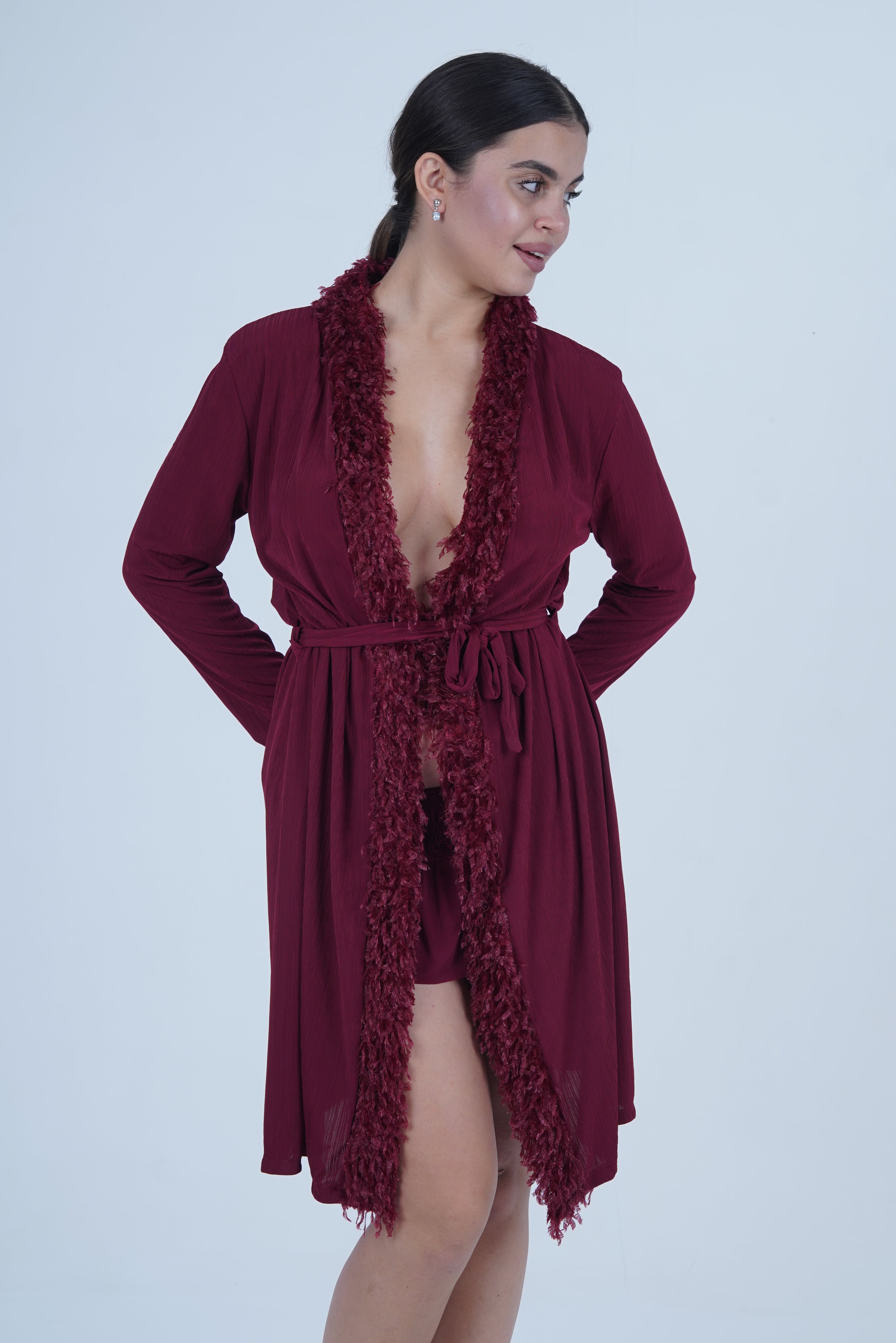 XATZH Luxurious 1-Piece Sexy Nightwear with Soft Fabric and Feathered Trims for Women X8806-MERLOT-H1L