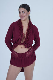 AXTZH Romantic Nightwear Set for Women with Satin Robe, Matching Slip and Innerwear X8027-MERLOT-NSS3PM