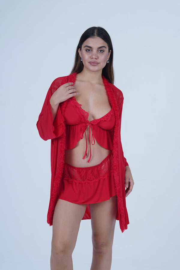 AXTZH Romantic Nightwear Set for Women with Satin Robe, Matching Slip and Innerwear X8027-RED-NSS3PM