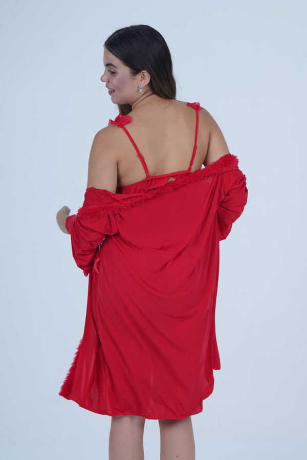 AXTZH Romantic Nightwear Set for Women with Satin Robe, Matching Slip and Innerwear X8027-RED-NSS3PM