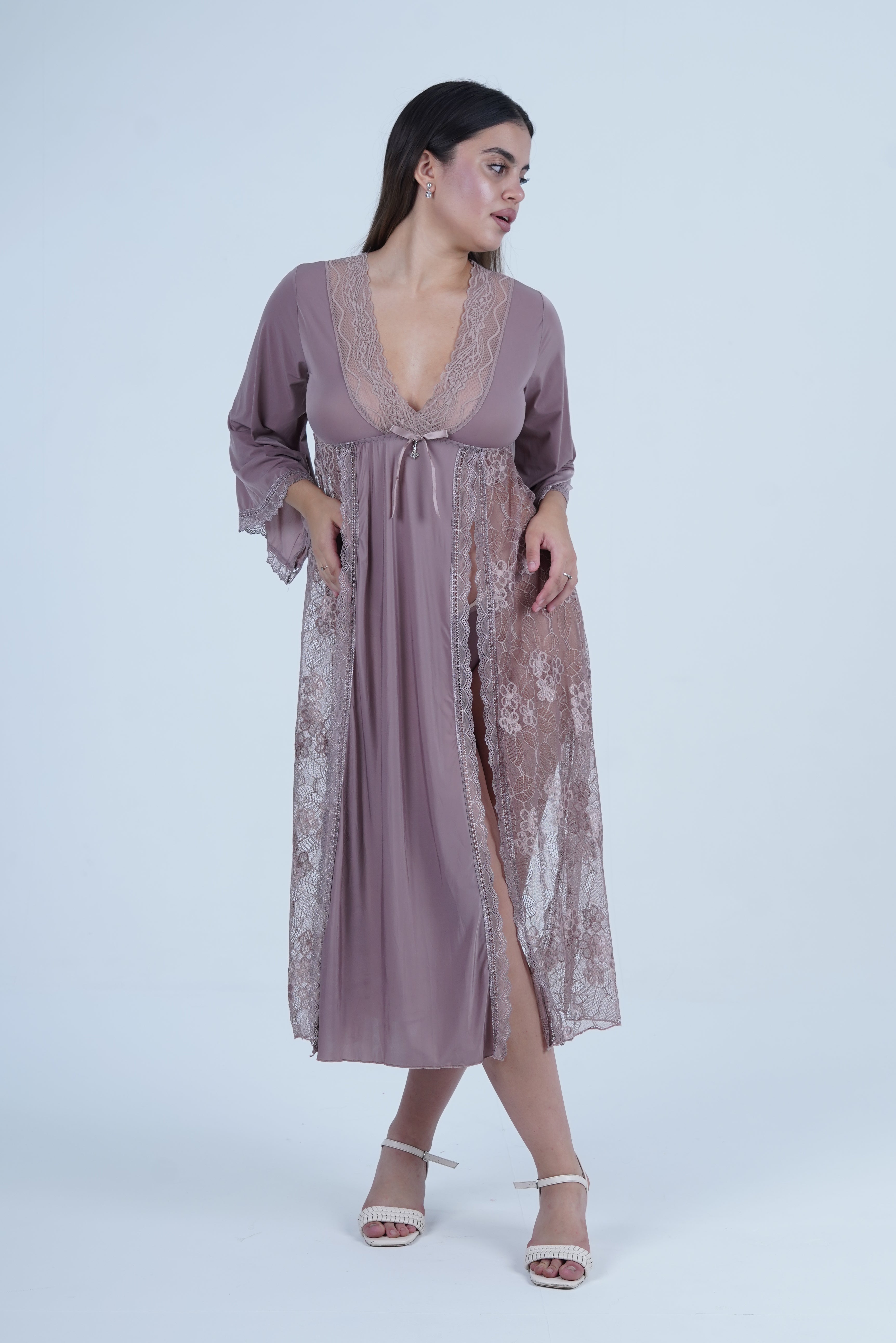 AXTZH Romantic Nightwear Set for Women with Sheer Longline Robe and Lace Accents X3493-FF-F2M