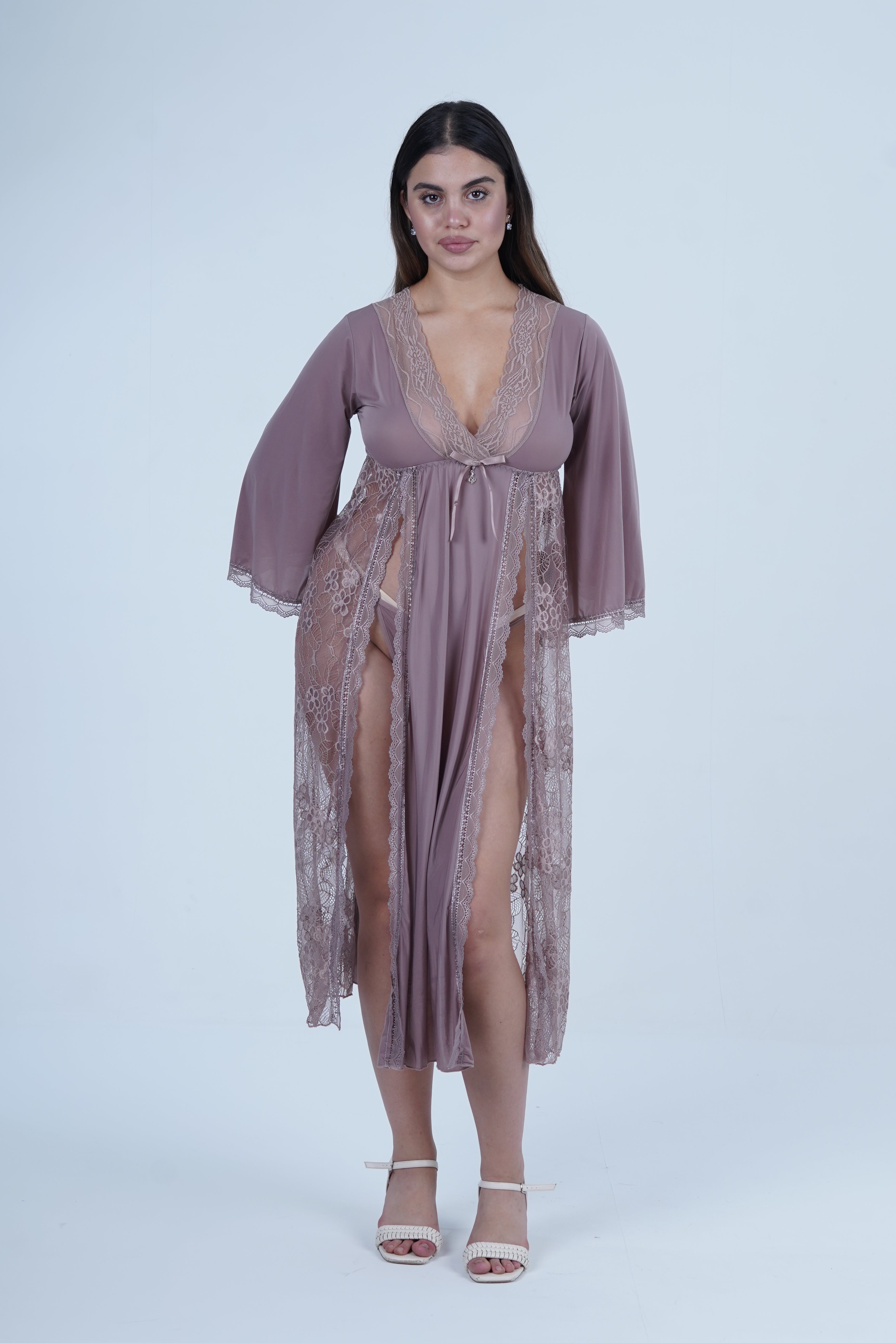 AXTZH Romantic Nightwear Set for Women with Sheer Longline Robe and Lace Accents X3493-FF-F2M