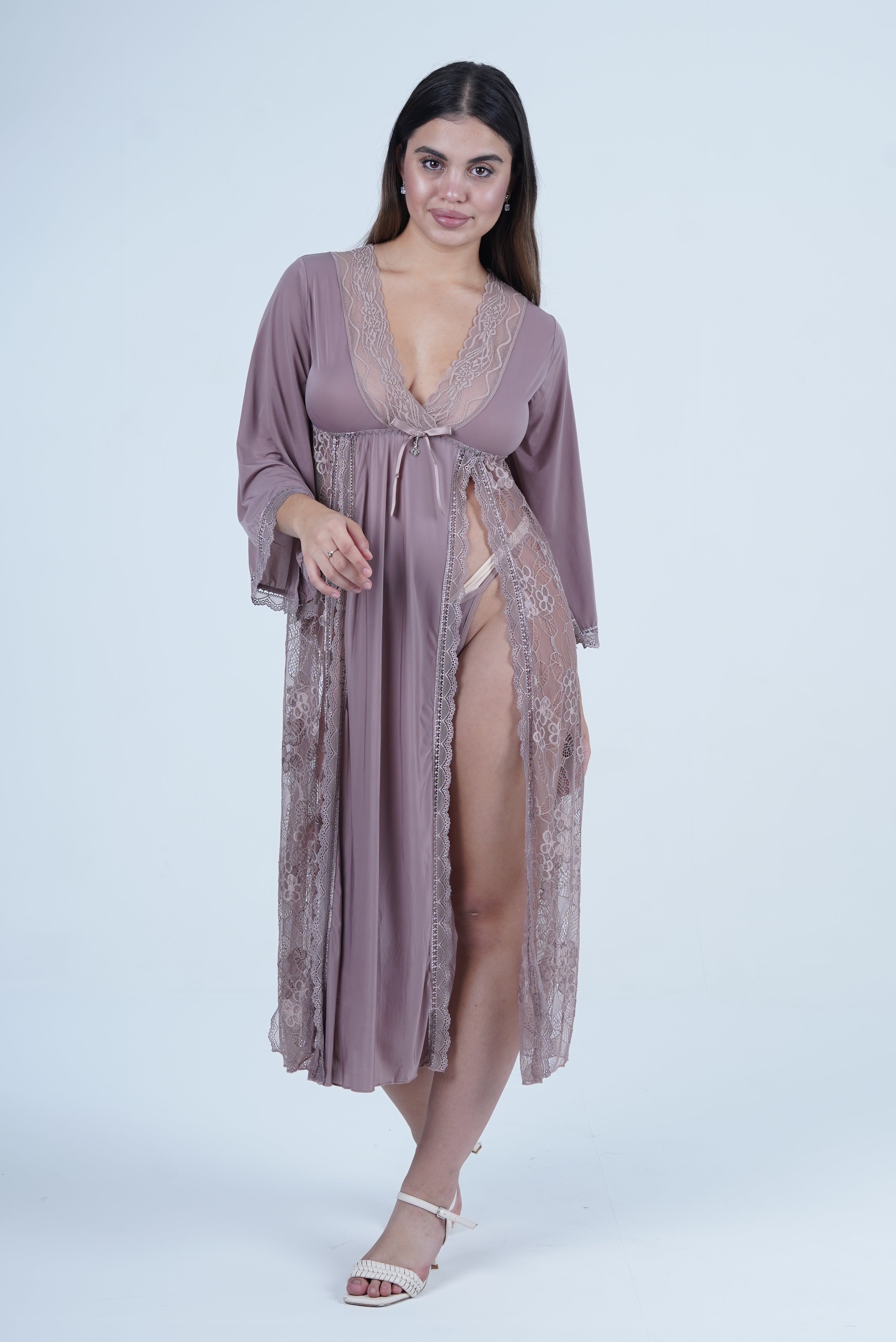 AXTZH Romantic Nightwear Set for Women with Sheer Longline Robe and Lace Accents X3493-FF-F2M