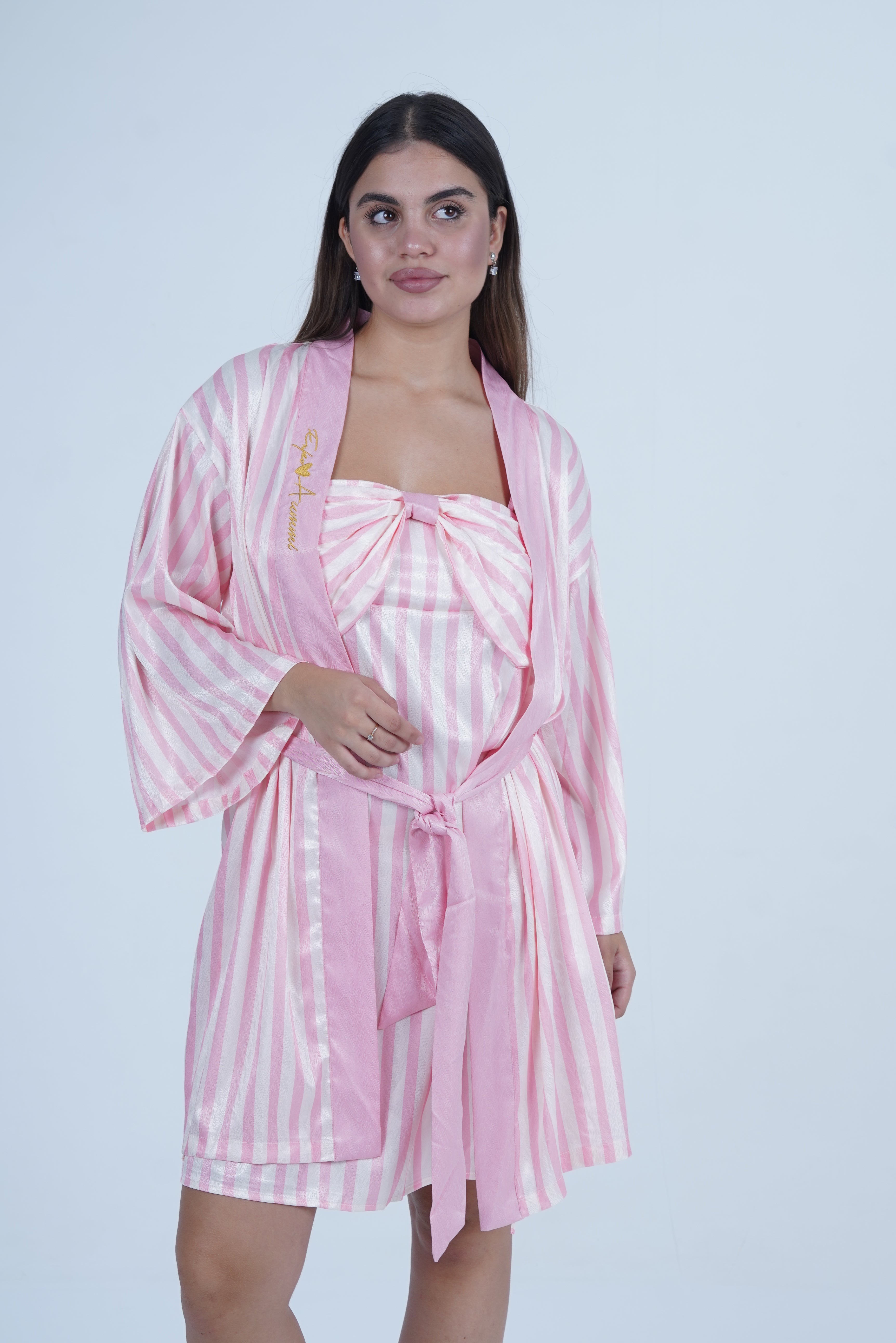 AXTZH Elegant Two-Piece Nightwear Ensemble with Coordinated Dress and Belted Robe X0589-PINST-F11S