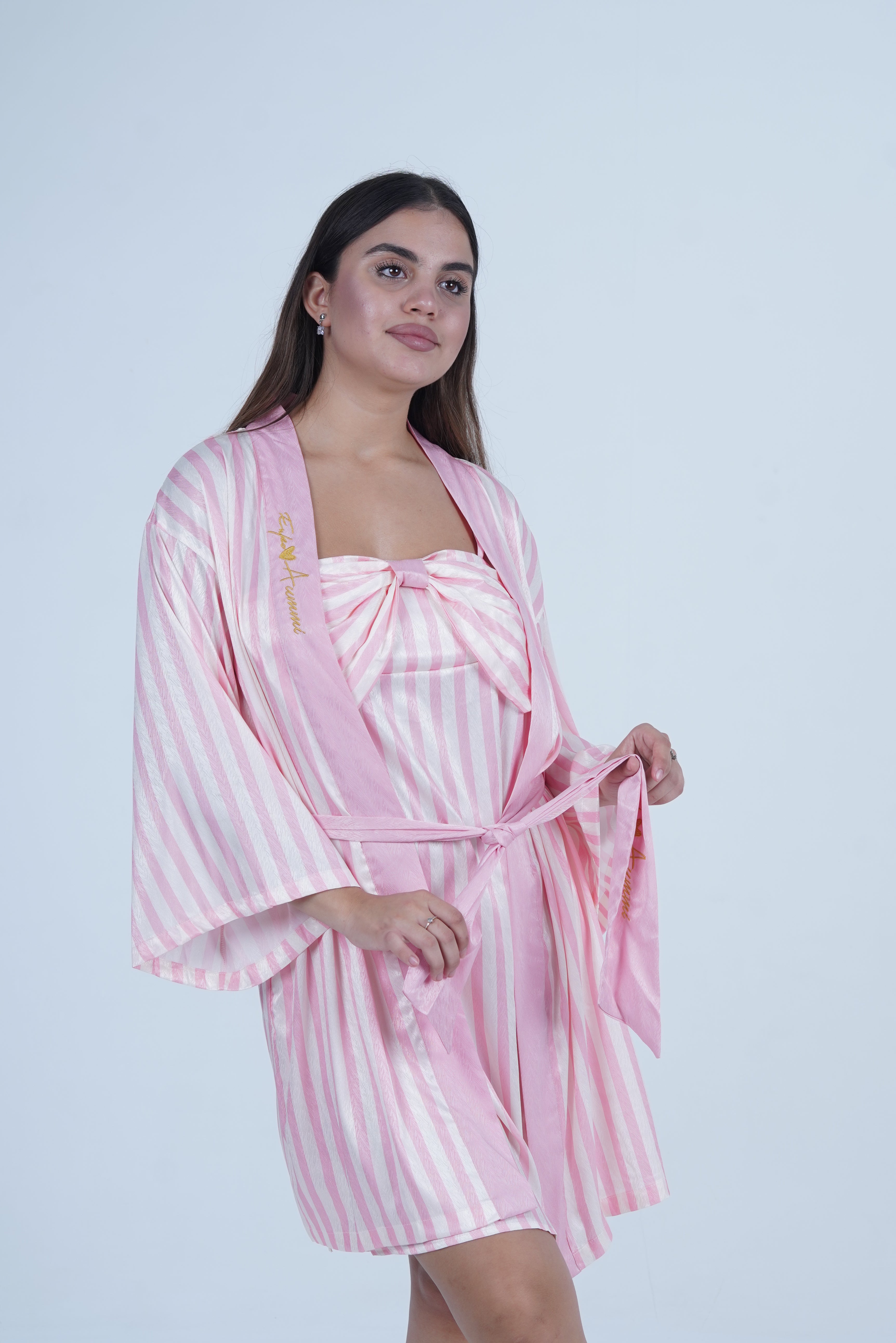 AXTZH Elegant Two-Piece Nightwear Ensemble with Coordinated Dress and Belted Robe X0589-PINST-F11S