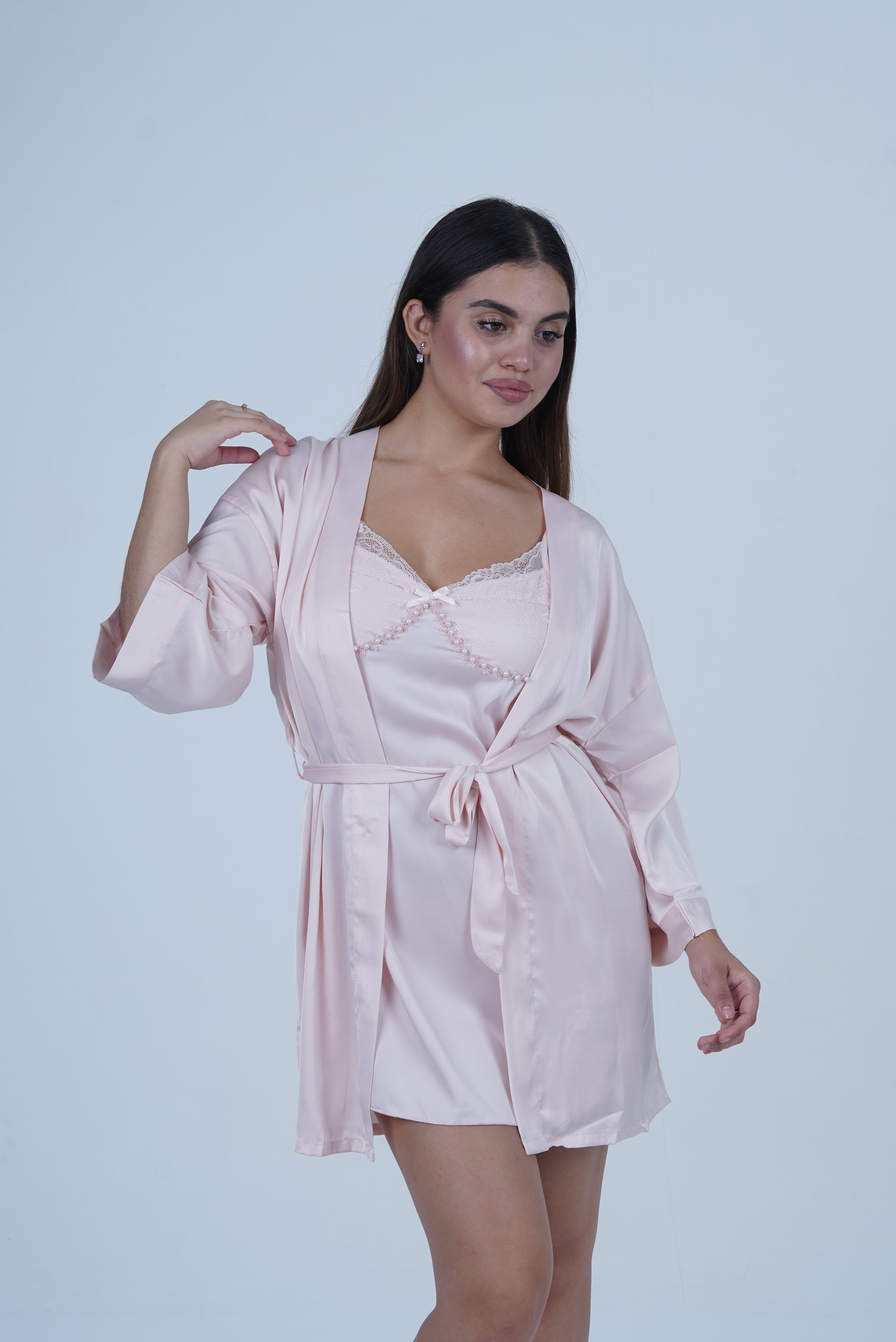 AXTZH Women’s Luxury Nightwear Set with Adjustable Robe and Soft Satin Inner Dress X0931-BLUSH-F11S