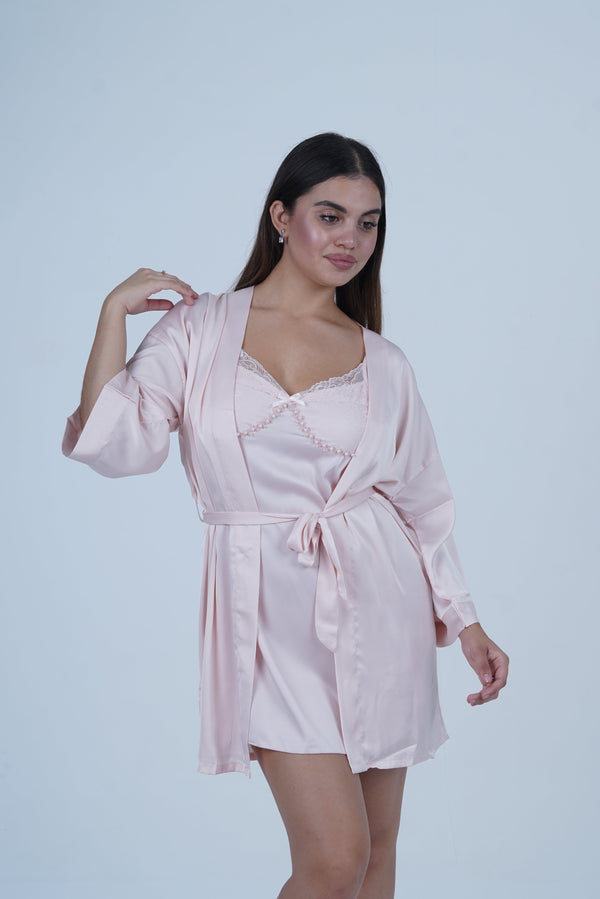 AXTZH Women’s Luxury Nightwear Set with Adjustable Robe and Soft Satin Inner Dress X0931-BLUSH-F11S