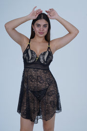 AXTZH 2-Piece Sexy Nightwear for Women with Sheer Lace Design and Elegant Detailing X3009-BLACK-F1N