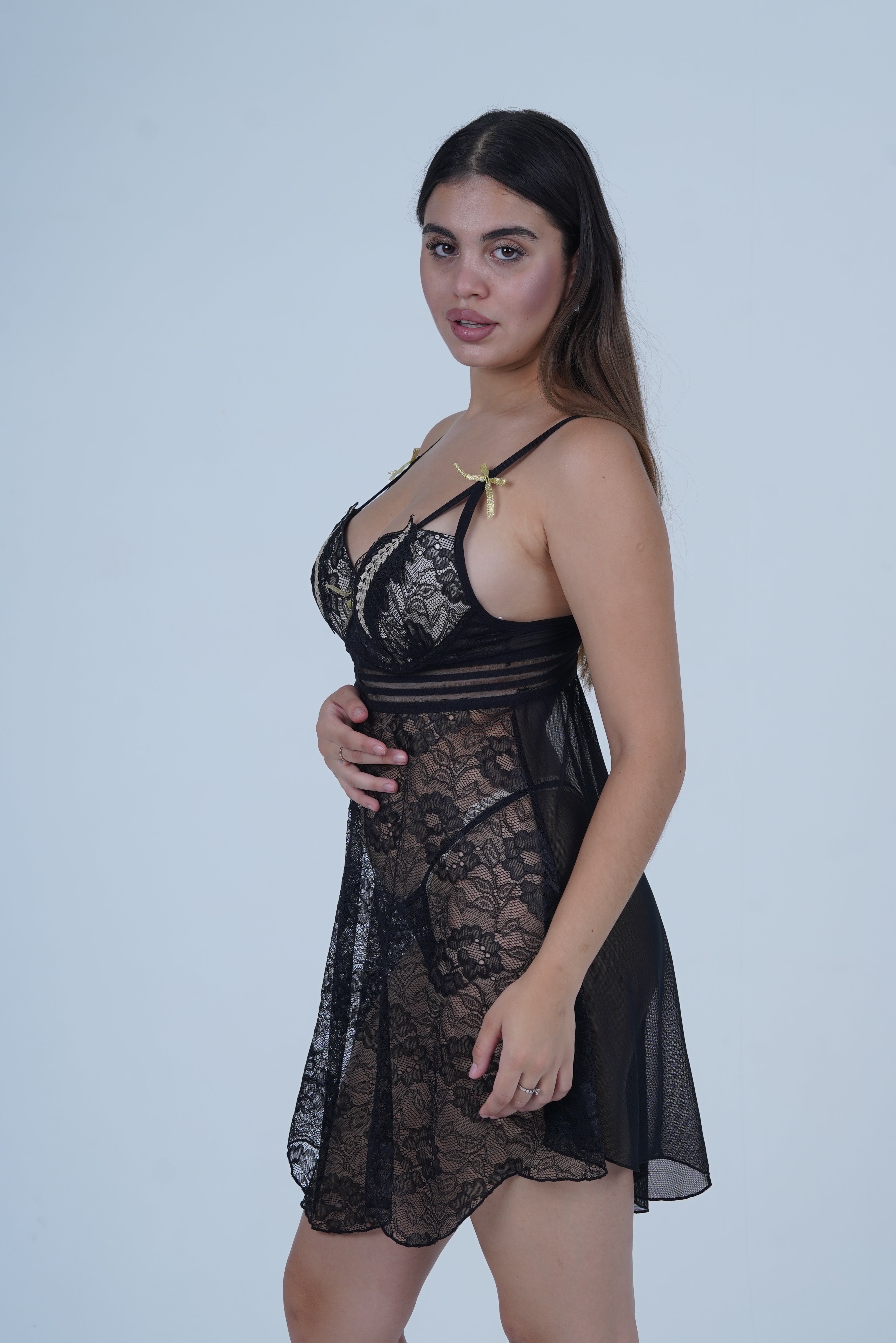 AXTZH 2-Piece Sexy Nightwear for Women with Sheer Lace Design and Elegant Detailing X3009-BLACK-F1N