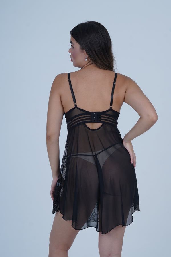 AXTZH 2-Piece Sexy Nightwear for Women with Sheer Lace Design and Elegant Detailing X3009-BLACK-F1N