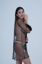 AXTZH Elegant One-Piece Nightwear for Women with Sheer Detailing and Satin Tie Belt X3348-BLACK-H1N