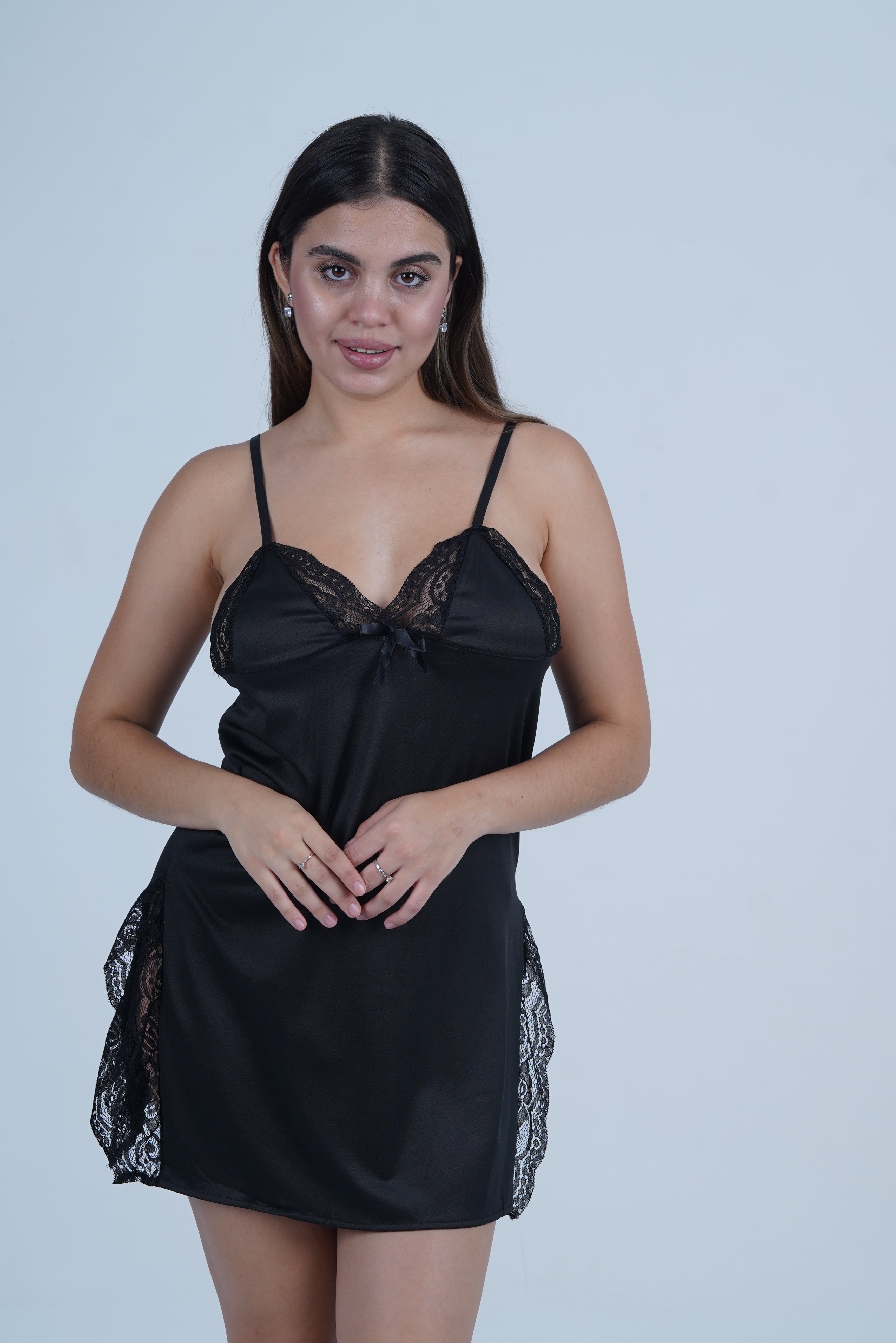 AXTZH Elegant 2-Piece Nightwear Featuring Lace Overlay and Soft Fit X3062-BLACK-F1L