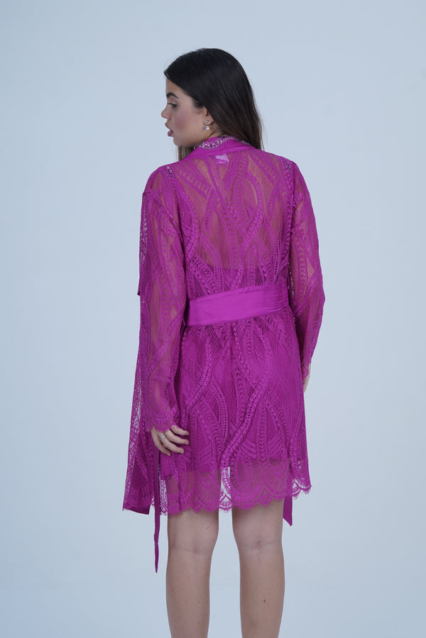 AXTHA Stylish Nightwear Set for Women with Delicate Inner Dress and Matching Lace Cover-Up X0115-MAGENTA-F11S