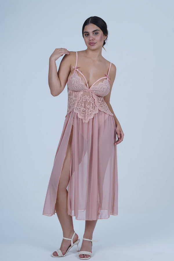 AXTZH Romantic Nightwear Set for Women with High Slit Sheer Design and Lace Accents X9095-APRICOT-F2N