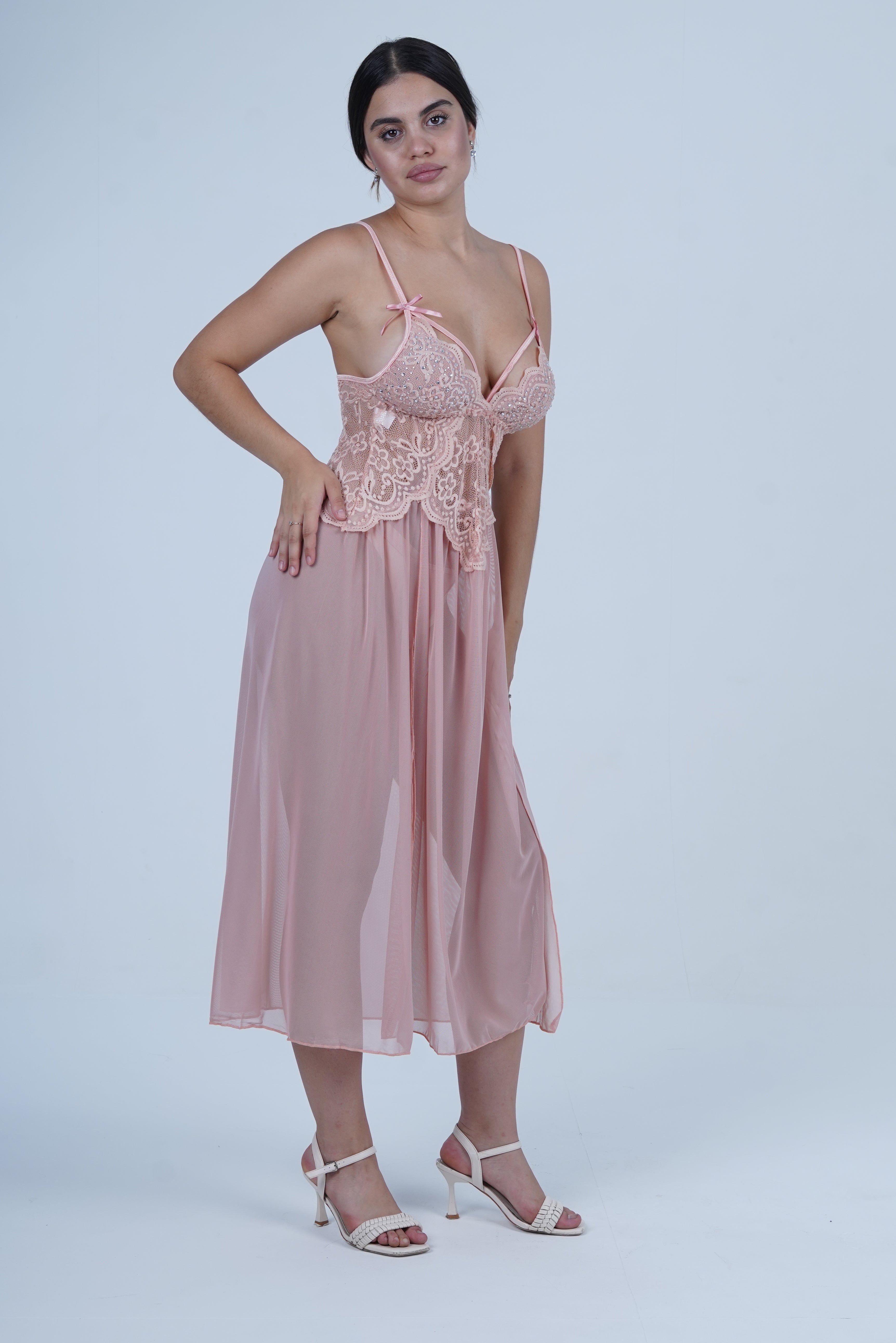 AXTZH Romantic Nightwear Set for Women with High Slit Sheer Design and Lace Accents X9095-APRICOT-F2N