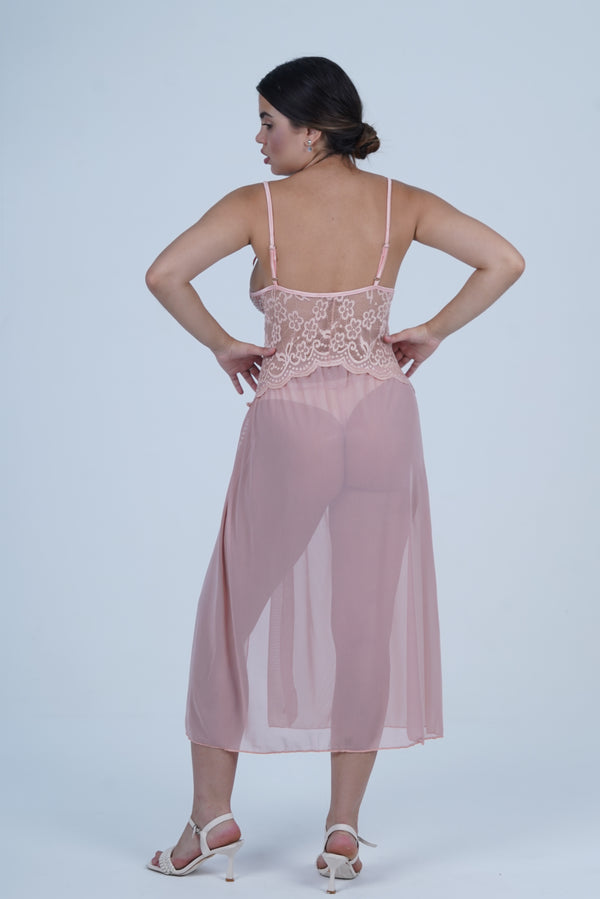 AXTZH Romantic Nightwear Set for Women with High Slit Sheer Design and Lace Accents X9095-APRICOT-F2N