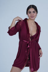 AXTZH Romantic Nightwear Set for Women with Satin Robe, Matching Slip and Innerwear X8027-MERLOT-NSS3PM