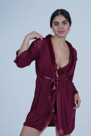 AXTZH Romantic Nightwear Set for Women with Satin Robe, Matching Slip and Innerwear X8027-MERLOT-NSS3PM