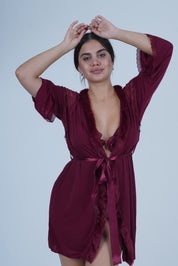 AXTZH Romantic Nightwear Set for Women with Satin Robe, Matching Slip and Innerwear X8027-MERLOT-NSS3PM