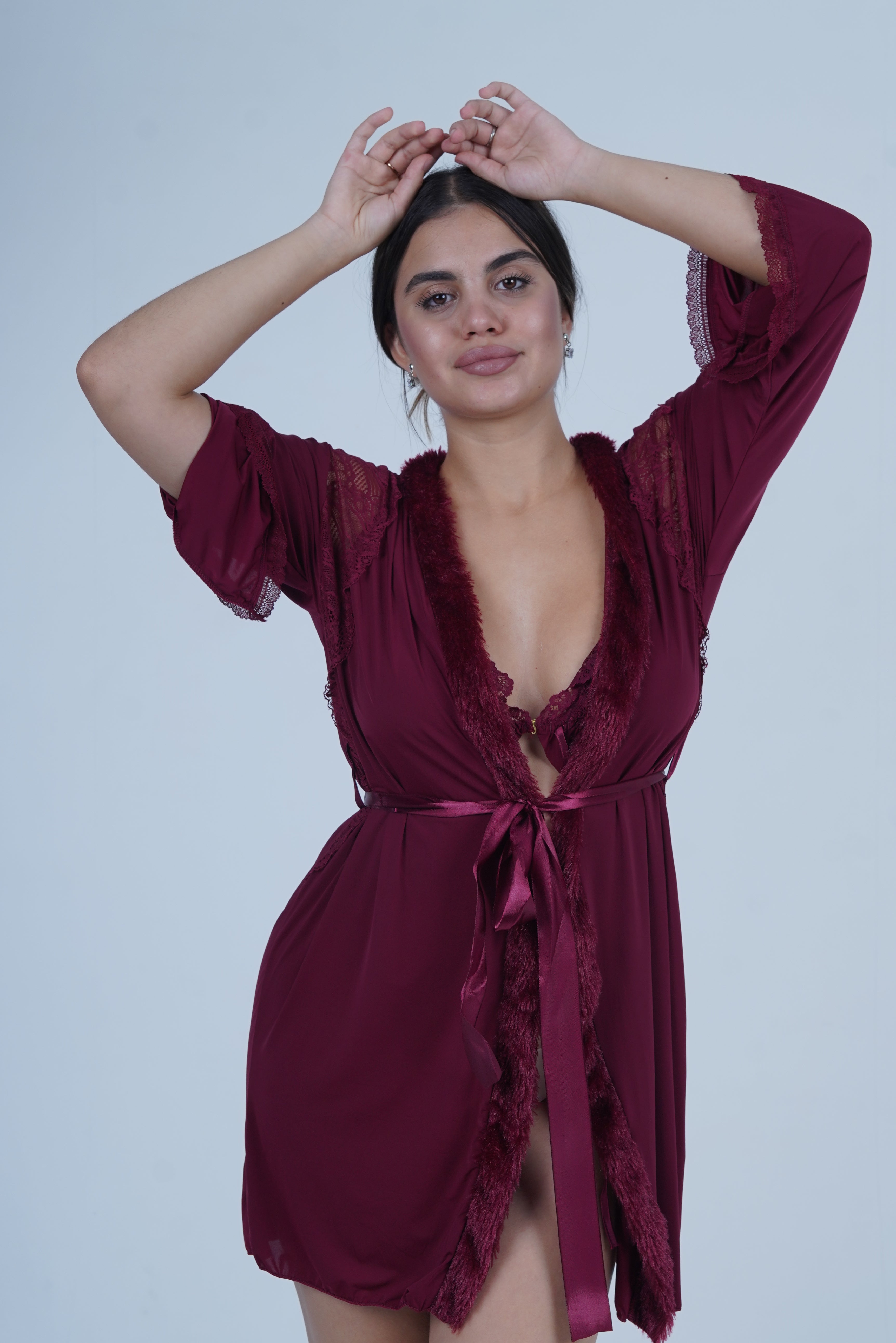 AXTZH Romantic Nightwear Set for Women with Satin Robe, Matching Slip and Innerwear X8027-MERLOT-NSS3PM