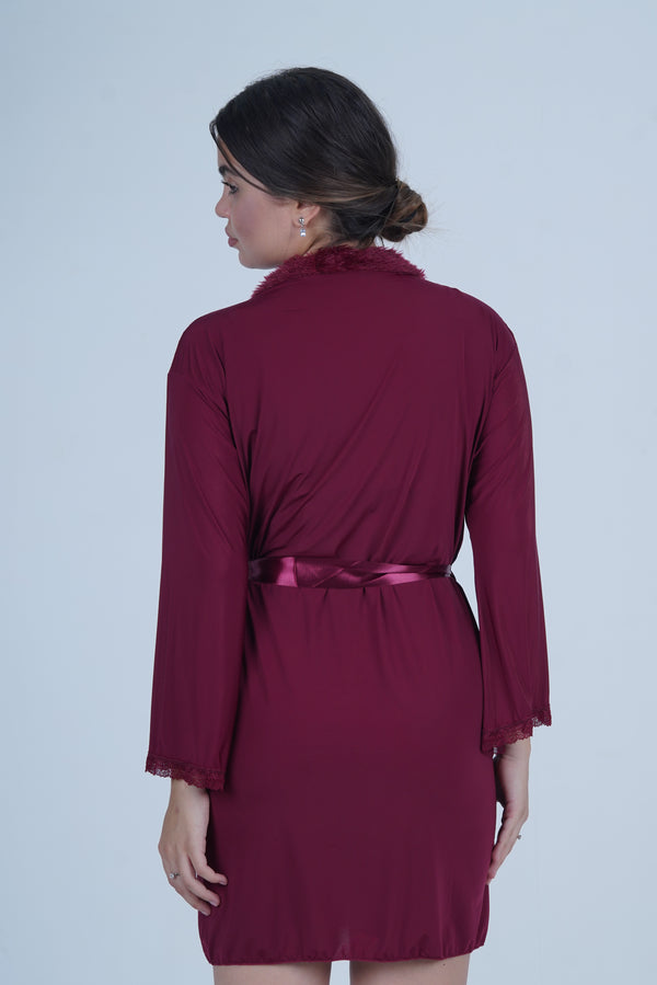 AXTZH Romantic Nightwear Set for Women with Satin Robe, Matching Slip and Innerwear X8027-MERLOT-NSS3PM