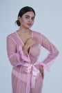 AXTZH Elegant One-Piece Nightwear for Women with Sheer Detailing and Satin Tie Belt X3348-NPINK-H1N