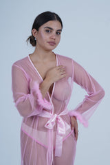 AXTZH Elegant One-Piece Nightwear for Women with Sheer Detailing and Satin Tie Belt X3348-NPINK-H1N