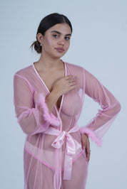 AXTZH Elegant One-Piece Nightwear for Women with Sheer Detailing and Satin Tie Belt X3348-NPINK-H1N
