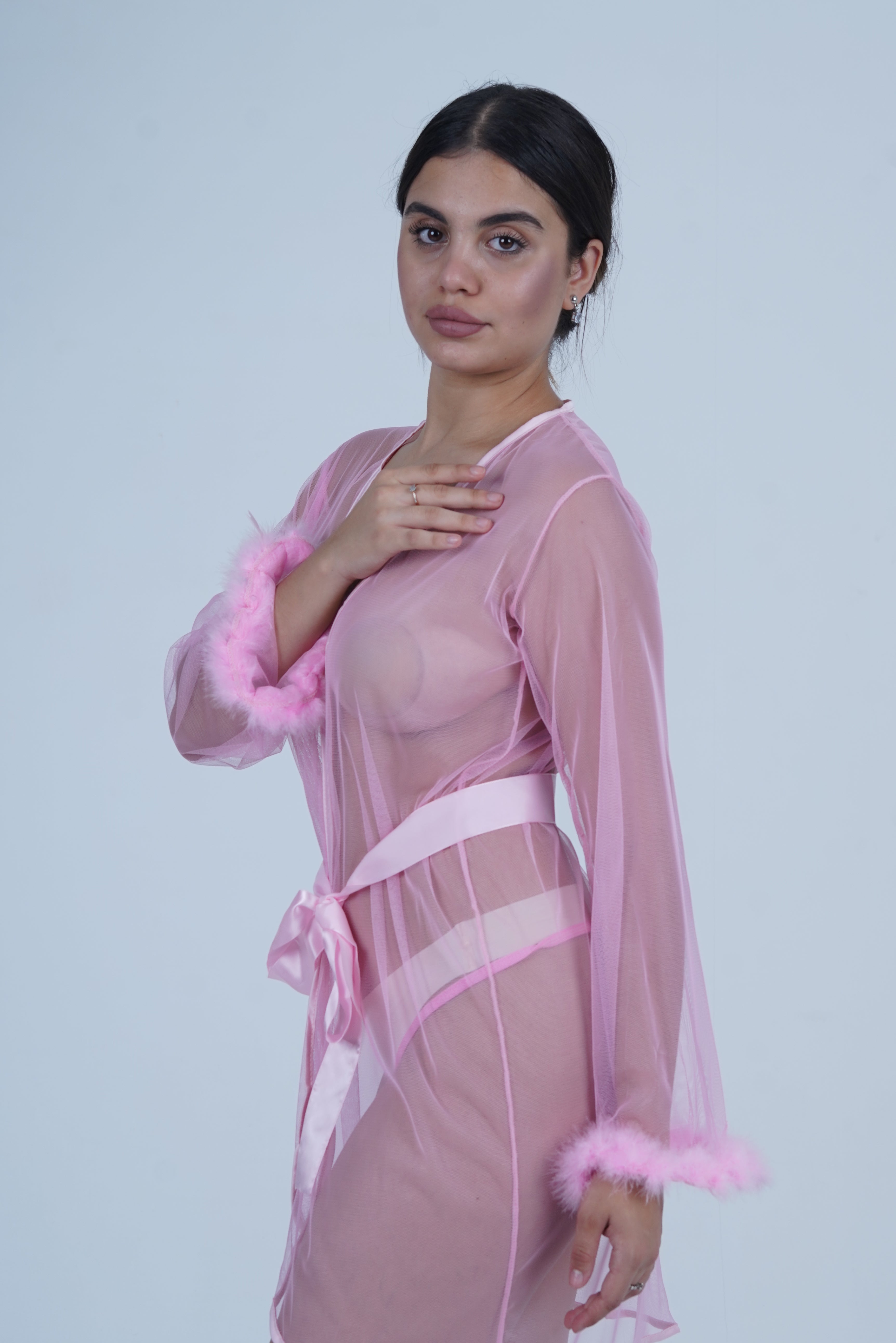 AXTZH Elegant One-Piece Nightwear for Women with Sheer Detailing and Satin Tie Belt X3348-NPINK-H1N