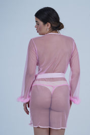 AXTZH Elegant One-Piece Nightwear for Women with Sheer Detailing and Satin Tie Belt X3348-NPINK-H1N