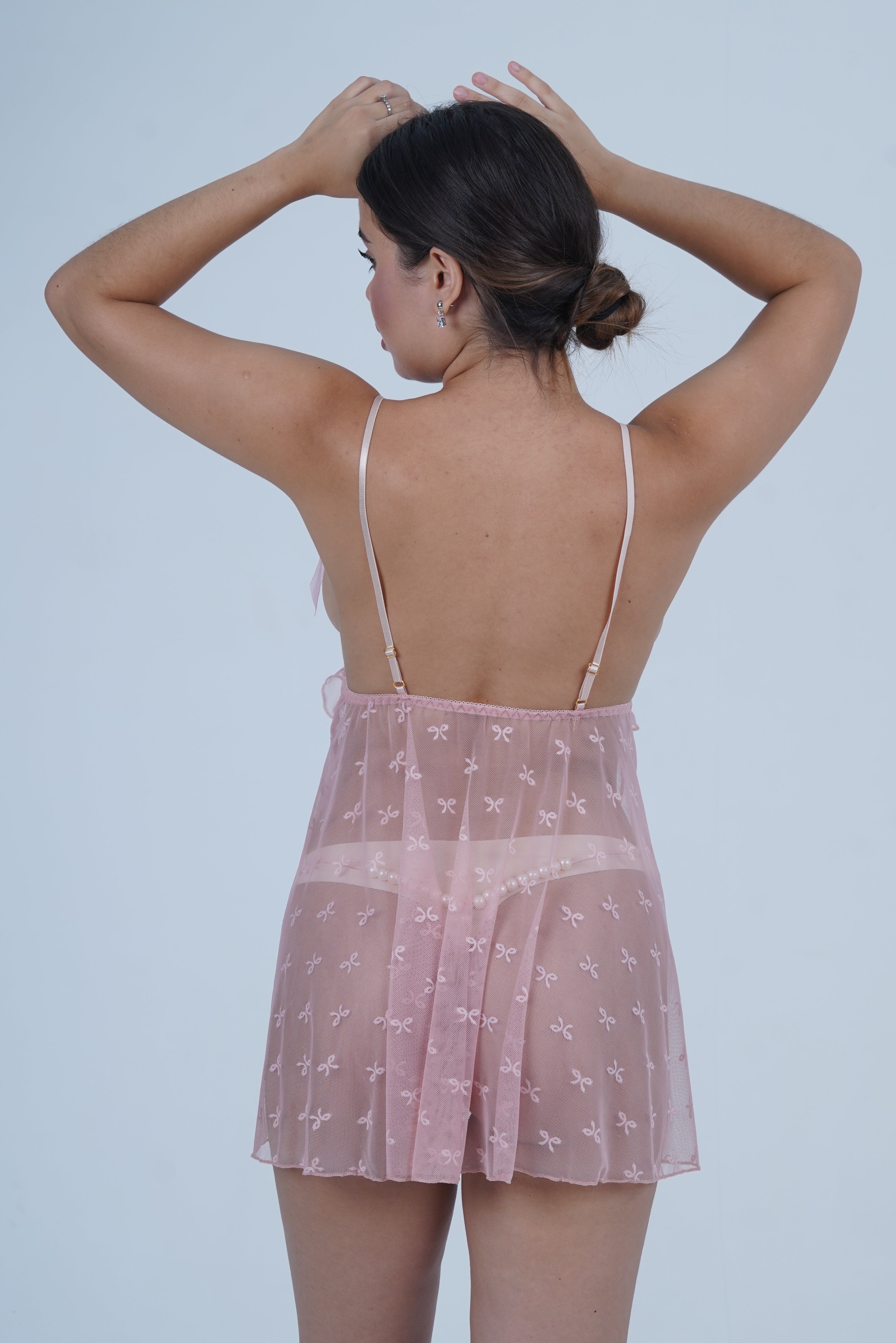 AXTZH Delicate Sheer Nightwear with Feminine Bows and Alluring Design for Women X9004-ROSE-SF1N