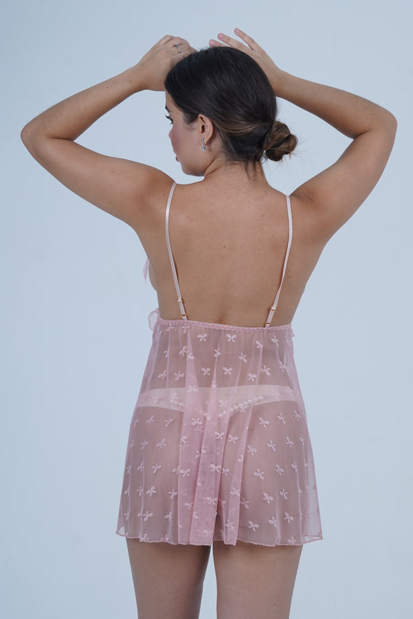 AXTZH Delicate Sheer Nightwear with Feminine Bows and Alluring Design for Women X9004-ROSE-SF1N