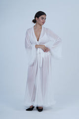 AXTZH Elegant Three-Piece Nightwear Set with Flowing Sheer Robe, Matching Belt, and Intimate Inner Layer X0330-WHITE-BIK3PN