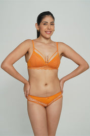 AXTZH BRA Sexy Lace Bra with Strappy Detailing Paired with Matching Panty for Women AB9001-MUSTARD-CP102