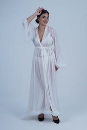 AXTZH Elegant Three-Piece Nightwear Set with Flowing Sheer Robe, Matching Belt, and Intimate Inner Layer X0330-WHITE-BIK3PN