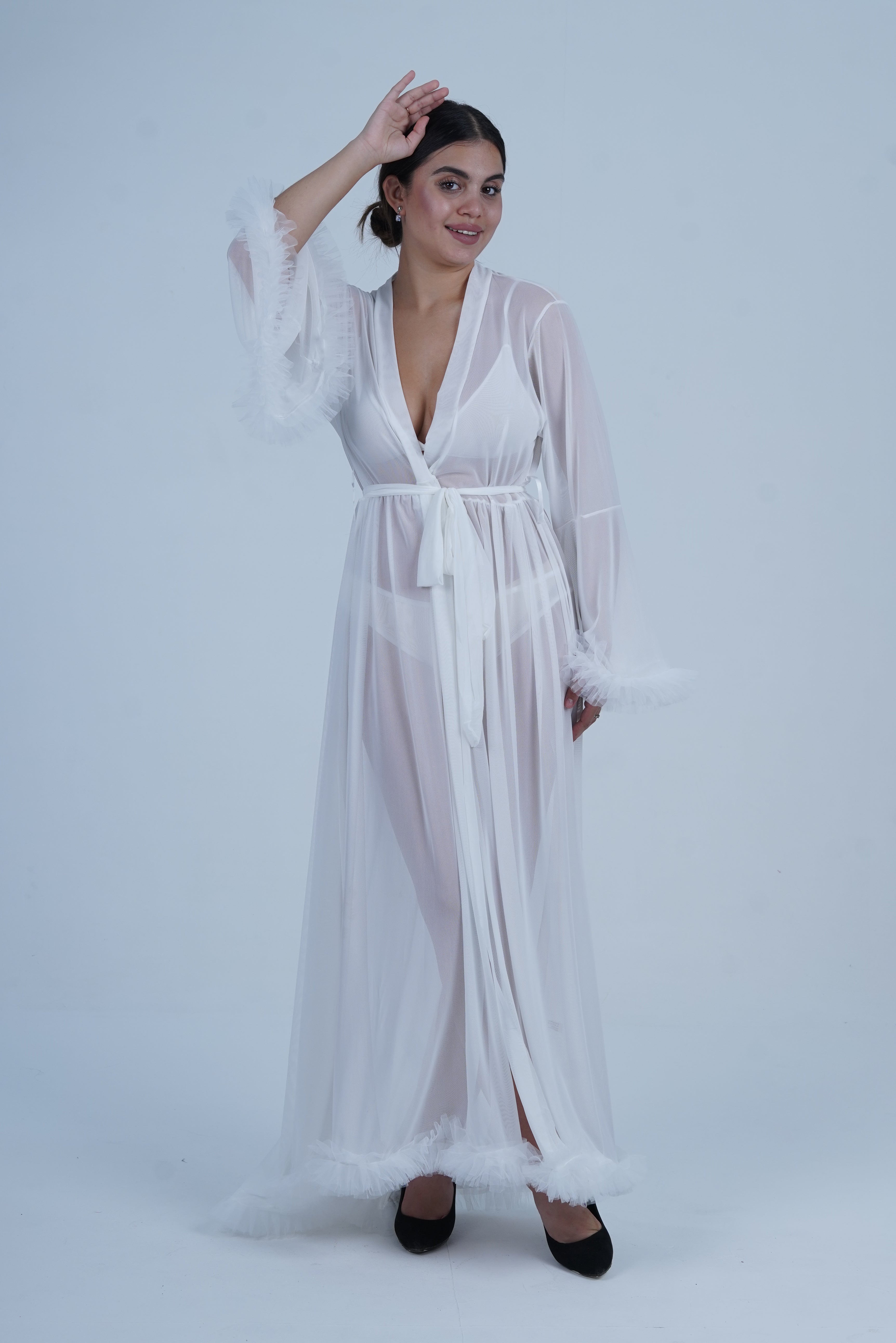 AXTZH Elegant Three-Piece Nightwear Set with Flowing Sheer Robe, Matching Belt, and Intimate Inner Layer X0330-WHITE-BIK3PN